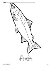 Free printable fish coloring page and word tracing worksheet, letter formation guides, perfect for preschool, pre-k, and kindergarten, PDF