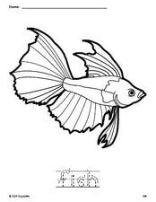 Free printable fish coloring page and word tracing worksheet, letter formation guides, perfect for preschool, pre-k, and kindergarten, PDF