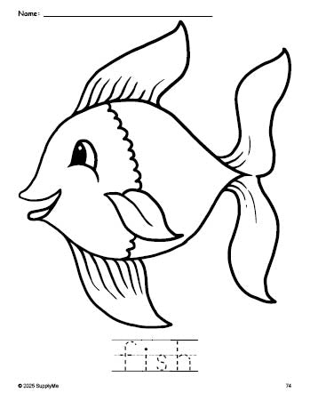 Free printable fish coloring page and word tracing worksheet, perfect for preschool, pre-k, and kindergarten, PDF