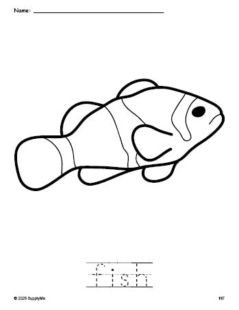 Free printable fish coloring page and word tracing worksheet, perfect for preschool, pre-k, and kindergarten, PDF