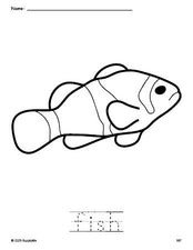 Free printable fish coloring page and word tracing worksheet, perfect for preschool, pre-k, and kindergarten, PDF