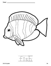 Free printable fish coloring page and word tracing worksheet, perfect for preschool, pre-k, and kindergarten, PDF