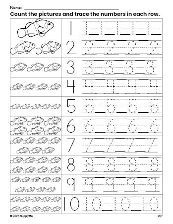 Free printable fish counting worksheet for preschool and pre-k with number tracing practice 1-10, PDF