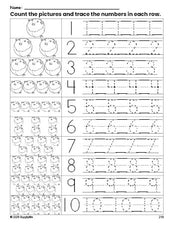 Free printable fish counting worksheet for preschool and pre-k with number tracing practice 1-10, PDF