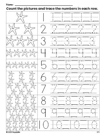 Free printable fish counting worksheet for preschool and pre-k with number tracing practice 1-10, PDF