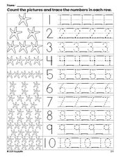 Free printable fish counting worksheet for preschool and pre-k with number tracing practice 1-10, PDF