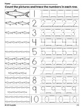 Free printable fish counting worksheet for preschool and pre-k with number tracing practice 1-10, PDF