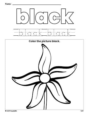 Free flower color black coloring page and color worksheet, black worksheet for preschoolers to learn colors, printable PDF