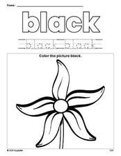 Free flower color black coloring page and color worksheet, black worksheet for preschoolers to learn colors, printable PDF