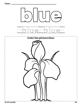 Free flower color blue coloring page and color worksheet, blue worksheet for preschoolers to learn colors, printable PDF