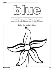 Free flower color blue coloring page and color worksheet, blue worksheet for preschoolers to learn colors, printable PDF