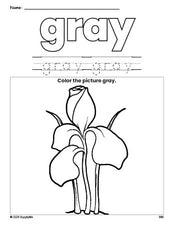 Free flower color gray coloring page and color worksheet, gray worksheet for preschoolers to learn colors, printable PDF