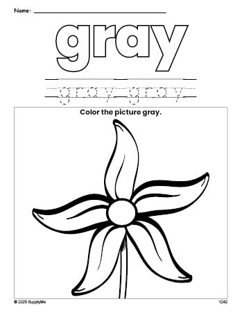 Free flower color gray coloring page and color worksheet, gray worksheet for preschoolers to learn colors, printable PDF