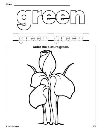 Free flower color green coloring page and color worksheet, green worksheet for preschoolers to learn colors, printable PDF