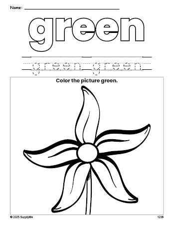 Free flower color green coloring page and color worksheet, green worksheet for preschoolers to learn colors, printable PDF