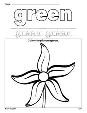 Free flower color green coloring page and color worksheet, green worksheet for preschoolers to learn colors, printable PDF