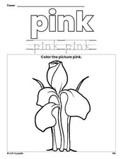 Free flower color pink coloring page and color worksheet, pink worksheet for preschoolers to learn colors, printable PDF