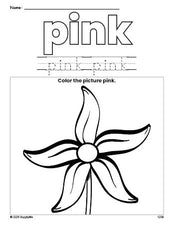 Free flower color pink coloring page and color worksheet, pink worksheet for preschoolers to learn colors, printable PDF