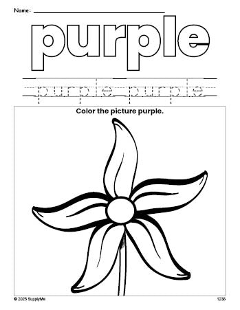 Free flower color purple coloring page and color worksheet, purple worksheet for preschoolers to learn colors, printable PDF