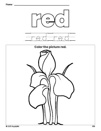 Free flower color red coloring page and color worksheet, red worksheet for preschoolers to learn colors, printable PDF