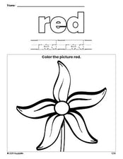 Free flower color red coloring page and color worksheet, red worksheet for preschoolers to learn colors, printable PDF