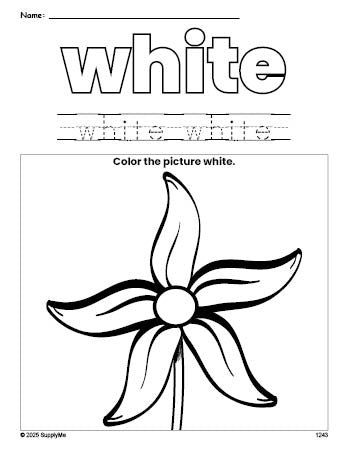 Free flower color white coloring page and color worksheet, white worksheet for preschoolers to learn colors, printable PDF