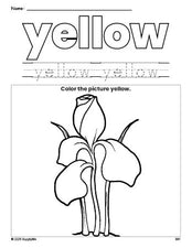 Free flower color yellow coloring page and color worksheet, yellow worksheet for preschoolers to learn colors, printable PDF