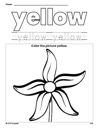 Free flower color yellow coloring page and color worksheet, yellow worksheet for preschoolers to learn colors, printable PDF