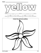 Free flower color yellow coloring page and color worksheet, yellow worksheet for preschoolers to learn colors, printable PDF