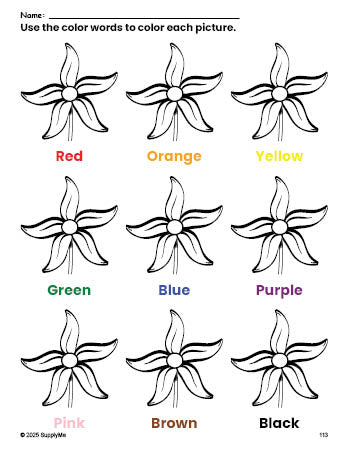 Free flower coloring page and color worksheet for preschoolers to learn colors, printable PDF