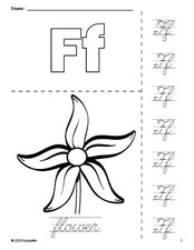 Free printable flower coloring page and cursive letter tracing worksheet, letter f worksheet for preschool, pre-k, and kindergarten, PDF