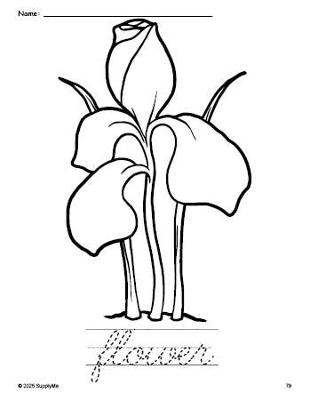 Free printable flower coloring page and cursive word tracing worksheet, perfect for preschool, pre-k, and kindergarten, PDF