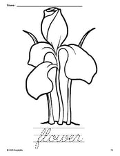 Free printable flower coloring page and cursive word tracing worksheet, perfect for preschool, pre-k, and kindergarten, PDF