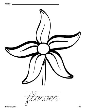 Free printable flower coloring page and cursive word tracing worksheet, perfect for preschool, pre-k, and kindergarten, PDF