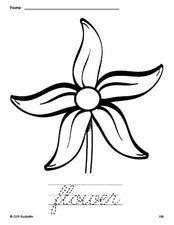 Free printable flower coloring page and cursive word tracing worksheet, perfect for preschool, pre-k, and kindergarten, PDF