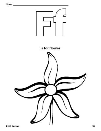 Free printable flower coloring page, letter f coloring page for preschool, pre-k, and kindergarten, PDF