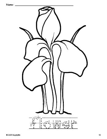 Free printable flower coloring page and word tracing worksheet, letter formation guides, perfect for preschool, pre-k, and kindergarten, PDF