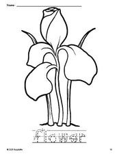 Free printable flower coloring page and word tracing worksheet, letter formation guides, perfect for preschool, pre-k, and kindergarten, PDF