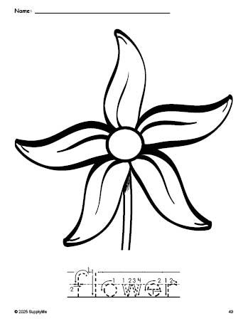 Free printable flower coloring page and word tracing worksheet, letter formation guides, perfect for preschool, pre-k, and kindergarten, PDF