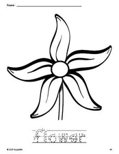 Free printable flower coloring page and word tracing worksheet, letter formation guides, perfect for preschool, pre-k, and kindergarten, PDF