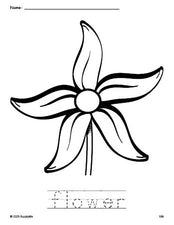 Free printable flower coloring page and word tracing worksheet, perfect for preschool, pre-k, and kindergarten, PDF