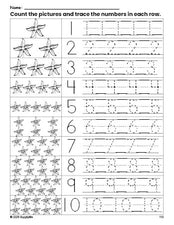 Free printable flower counting worksheet for preschool and pre-k with number tracing practice 1-10, PDF