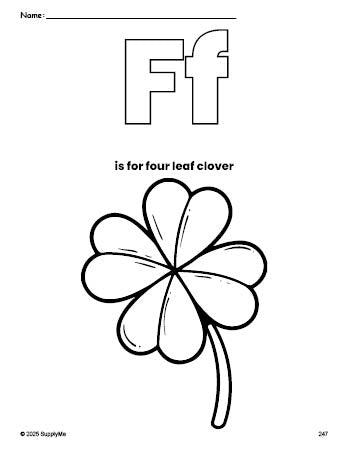 Free printable four leaf clover St. Patrick's Day coloring page, letter f coloring page for preschool, pre-k, and kindergarten, PDF