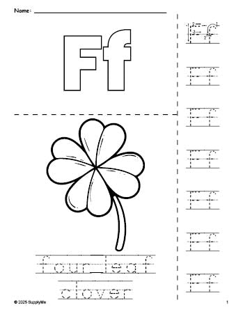 Free printable four leaf clover St. Patrick's Day coloring page and letter tracing worksheet, letter f worksheet for preschool, pre-k, and kindergarten, PDF