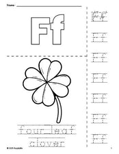 Free printable four leaf clover St. Patrick's Day coloring page and letter tracing worksheet, letter f worksheet for preschool, pre-k, and kindergarten, PDF