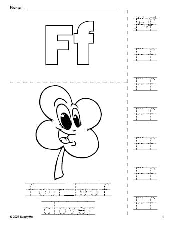 Free printable four leaf clover St. Patrick's Day coloring page and letter tracing worksheet, letter f worksheet for preschool, pre-k, and kindergarten, PDF