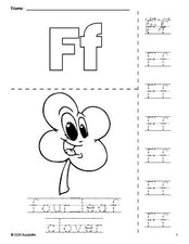 Free printable four leaf clover St. Patrick's Day coloring page and letter tracing worksheet, letter f worksheet for preschool, pre-k, and kindergarten, PDF