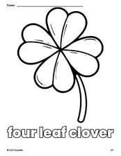 Free printable four leaf clover St. Patrick's Day coloring page for preschool, pre-k, and kindergarten, PDF