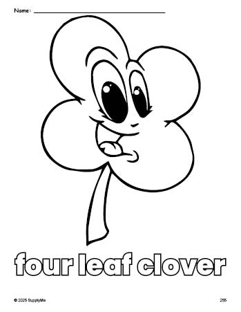 Free printable four leaf clover St. Patrick's Day coloring page for preschool, pre-k, and kindergarten, PDF