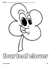 Free printable four leaf clover St. Patrick's Day coloring page for preschool, pre-k, and kindergarten, PDF